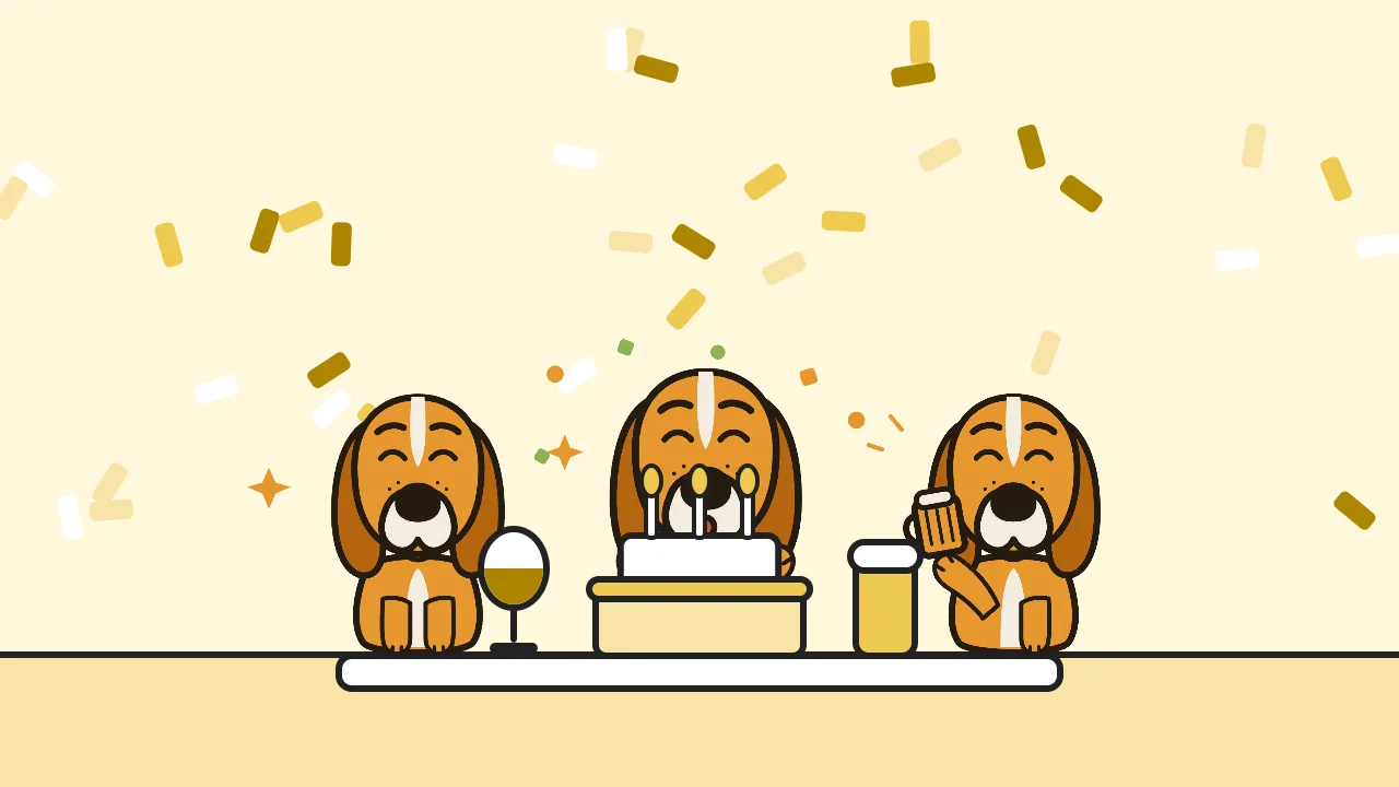 イラスト: 紙吹雪の中、ケーキを囲んで乾杯する FAM333 のマスコットたち
